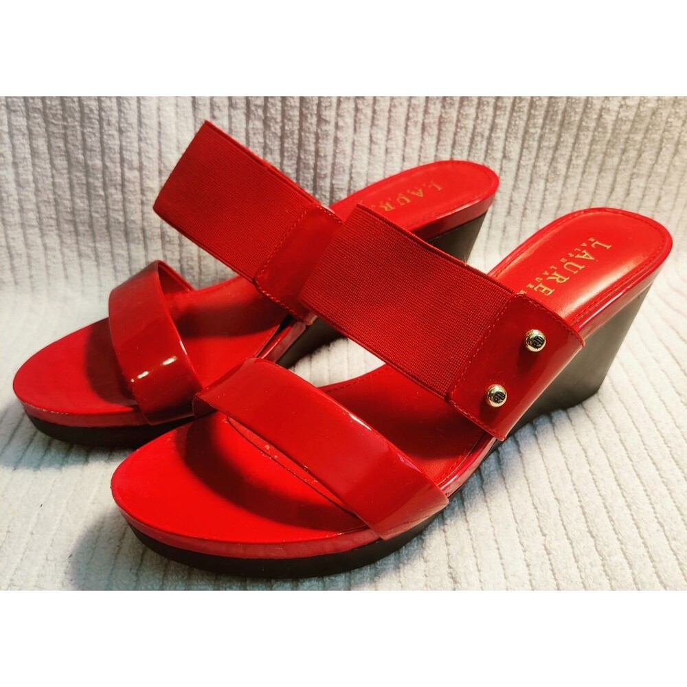 Women's Lauren RALPH LAUREN Rhianna Wedge, Slide Sandals Red Leather 6.5